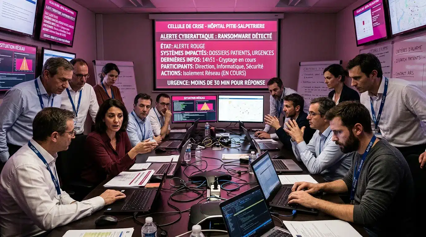 Cellule de crise cyber réunie dans un établissement de santé