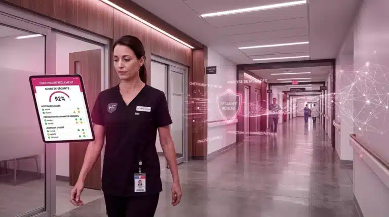 Professionnel de santé consultant une interface de conformité cybersécurité dans un hôpital