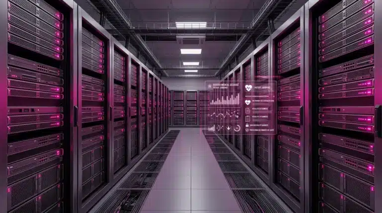 Data center sécurisé illustrant l'hébergement de données de santé conforme HDS v2