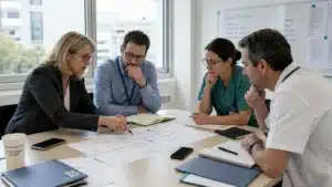 Cellule de crise réunissant direction, informatique et professionnels de santé autour d'un scénario cyber