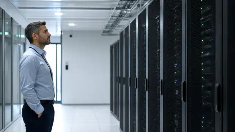 Responsable hospitalier vérifiant une infrastructure informatique sécurisée